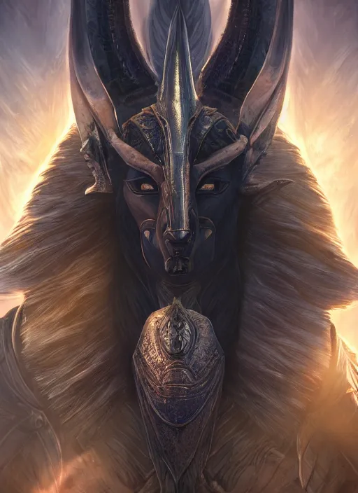 Prompt: anubis, ultra detailed fantasy, elden ring, realistic, dnd character portrait, full body, dnd, rpg, lotr game design fanart by concept art, behance hd, artstation, deviantart, global illumination radiating a glowing aura global illumination ray tracing hdr render in unreal engine 5