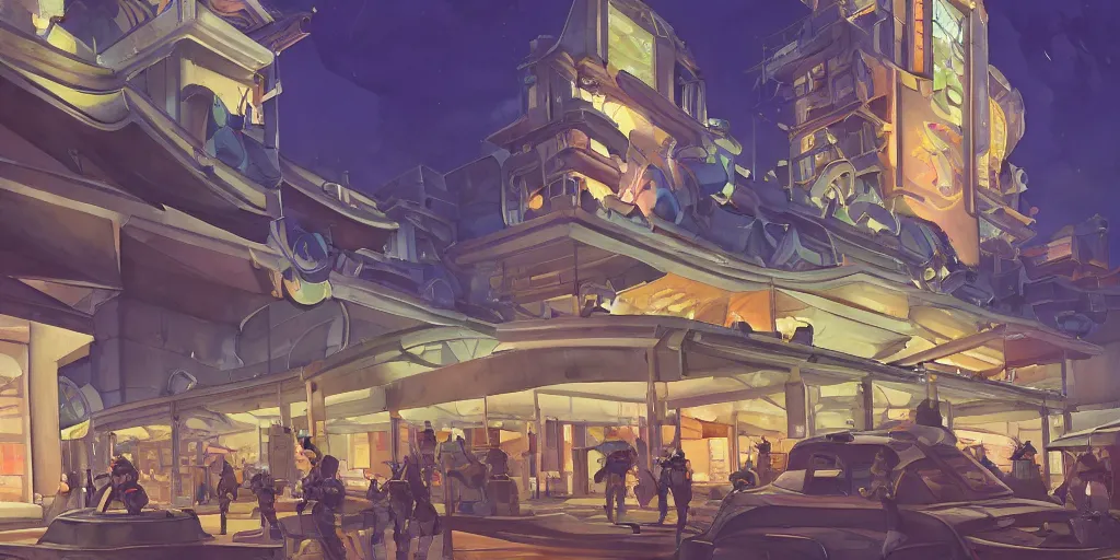Image similar to overwatch building, stylized, exterior, architecture, in watercolor gouache detailed paintings, insanely detail, artstation, 8 k, futuristic, big medium small, arcane, simon stalenhag, food stall, interesting shapes & form, golden ratio, megastructures, vitaly bulgarov, mall, elites, clean, night scene, afterdark, evening