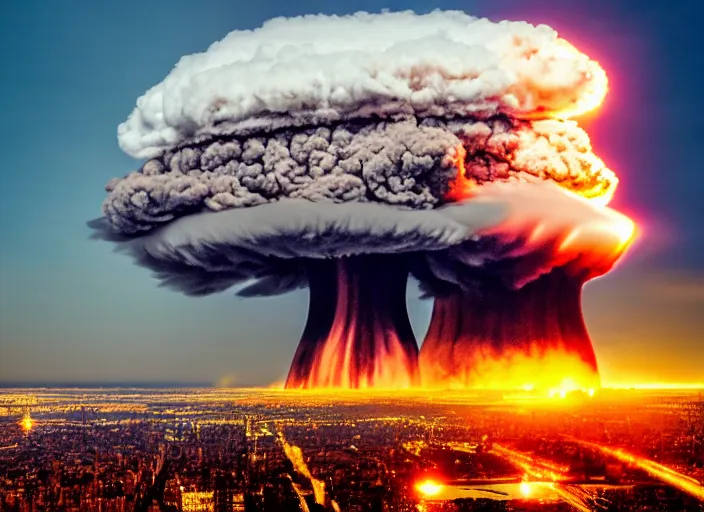 Prompt: Huge Nuclear explosion in New York, shockwave, ariel photography, distant, mushroom cloud, 8k photography
