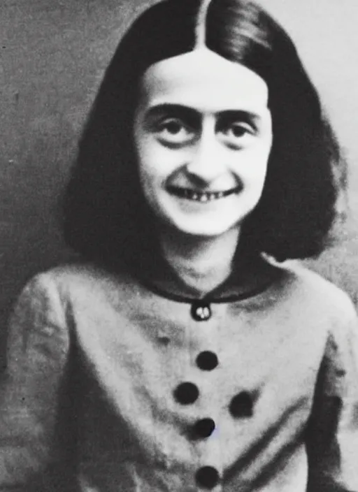 Image similar to a restored photo of Anne Frank posing for the camera in a black SS officer uniform, colourised, high detail, happy picture