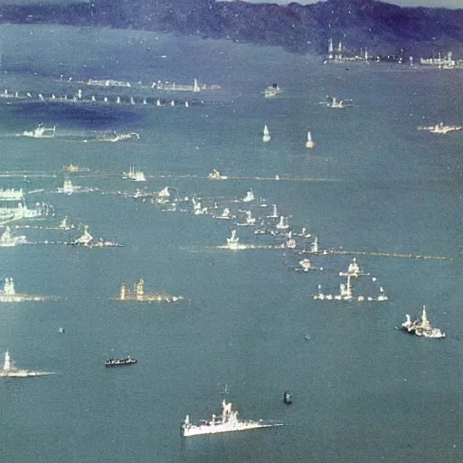 Prompt: Japanese naval fleet entering the San Francisco Bay Area, world war 2, color.