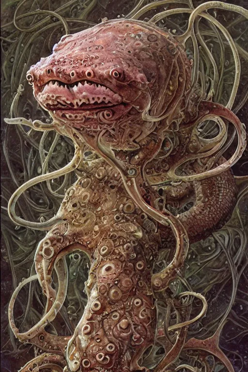 Prompt: eldritch biomechanical axolotl tentacle fish shoggoth, mouths, eyes, masterpiece, intricate, elegant, highly detailed, digital painting, smooth, sharp focus, illustration, art by james gurney, graeme base, brian froud, alan lee