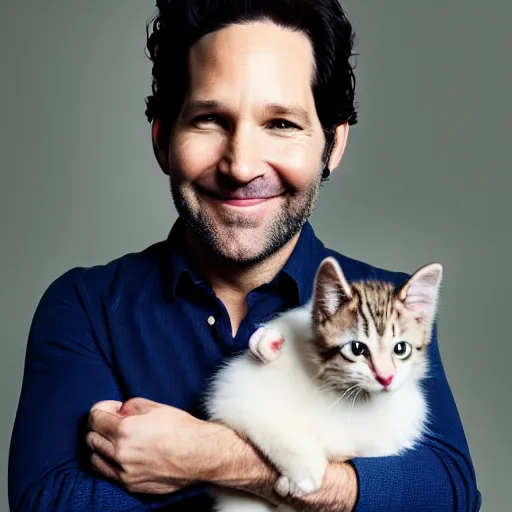 Image similar to paul rudd holding a baby kitten, ( sony a 7 r iv, symmetric balance, polarizing filter, photolab, lightroom, 4 k, dolby vision, photography awardm, voque, perfect face )