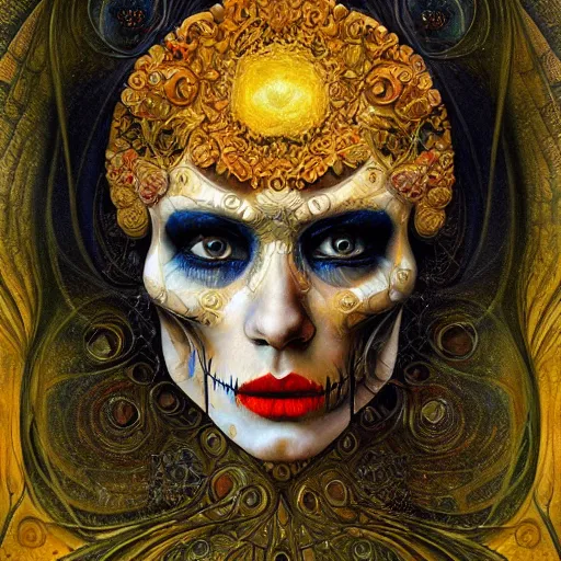 Image similar to Memento Mori by Karol Bak, Jean Deville, Gustav Klimt, and Vincent Van Gogh, beautiful visionary mystical portrait, otherworldly, fractal structures, ornate gilded medieval icon, third eye, spirals, sugar skull