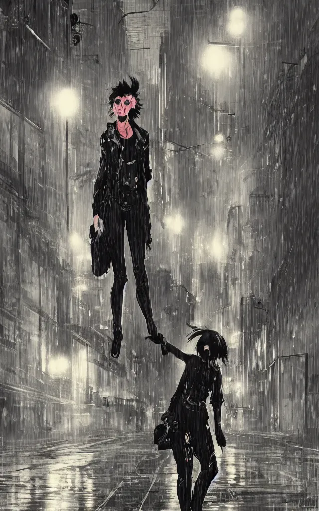 Image similar to concept art, character design, glam rocker, standing on a wet helsinki street at night, in the style of syd mead and liam wong
