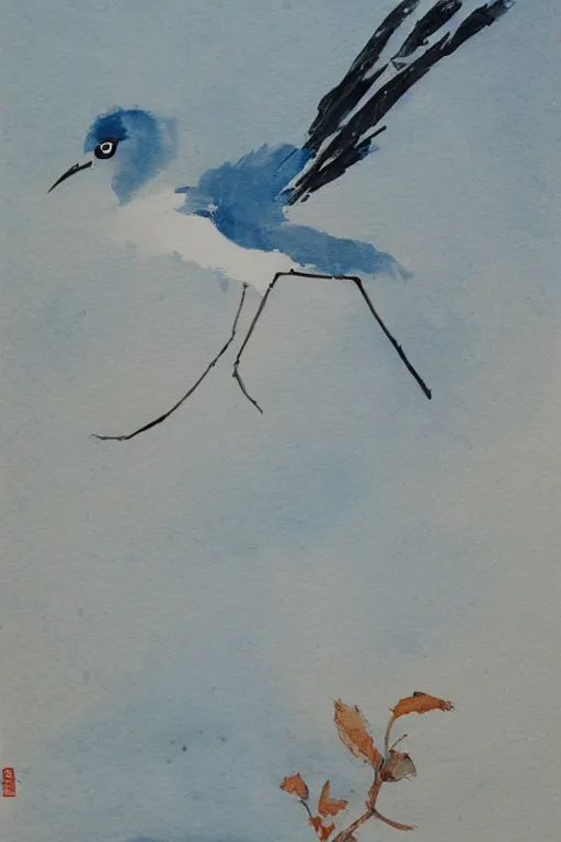 Image similar to ink painting, A small, delicate bird with pale blue plumage and long, skinny legs. It is hopping on the ground, searching for food. The background is a beautiful blue sky on a autumn day. meticulous painting, by xue ji, bian luan