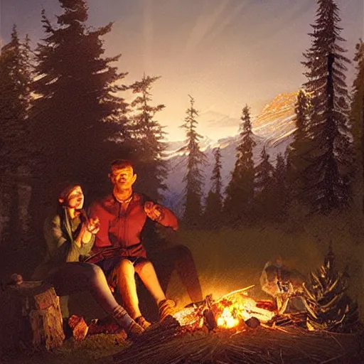 Prompt: guy and girl sitting beside cozy campfire at night, digital art by Ivan Shishkin