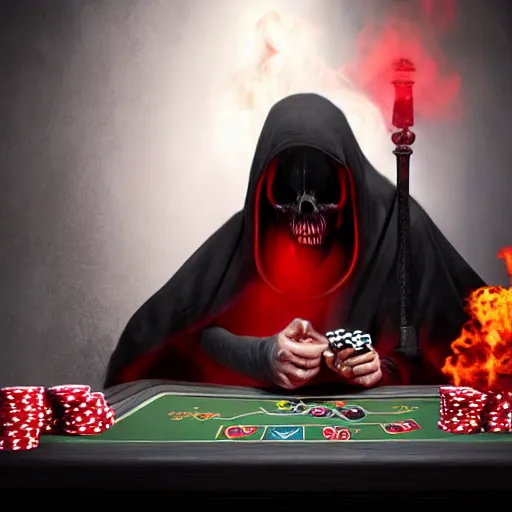 Image similar to a grim reaper playing poker in hell, 8 k, realistic