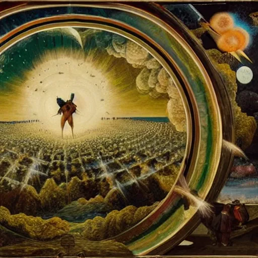 Image similar to solar winds are blowing neutron star controlling all is lost, doomed and tossed, at what cost forever meteors fly around me comets die, and then they and then they, you wanna see how they try to surround me i can say, here today, we shall stay forever, inspired by richard dadd