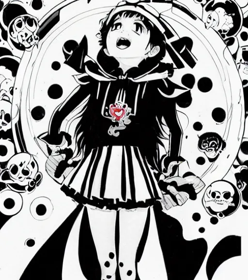 Image similar to portrait of happy energetic cute goth girl, Ryuko Matoi, wearing a sailor uniform, by Mike Mignola, chris bachalo, symmetrical, detailed face, 8k, print ready, black + white