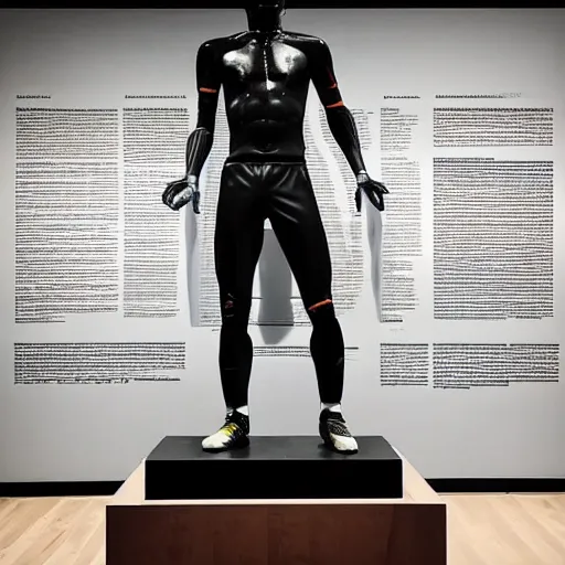 Image similar to “ a realistic detailed photo of a guy who is an attractive humanoid who is half robot and half humanoid, who is a male android, soccer player antoine griezmann, shiny skin, posing like a statue, blank stare, at the museum, on display ”