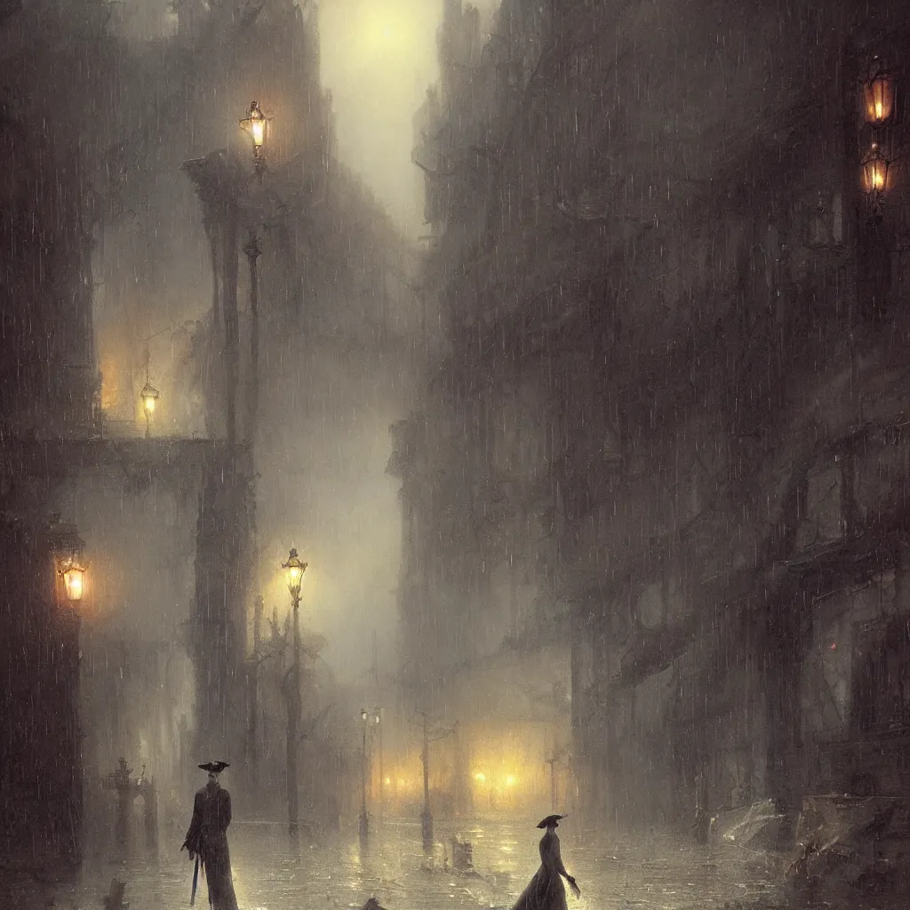 Image similar to Jack the ripper haunts the abandoned raining night alley by Raphael Lacoste and Pierre Auguste Cot and Delphin Enjolras and Daniel F. Gerhartz