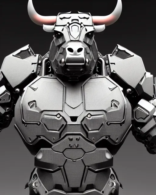 Prompt: a full body shot of a imposing cyborg ( bull ) modeled after a bull with open eyes looking into the camera, intricate pattern, hard rubber chest, highly detailed, android, cyborg, full body shot, intricate, 3 d, hyper realism, symmetrical, octane render, strong bokeh, fantasy, highly detailed, depth of field, digital art, artstation, cinematic lighting
