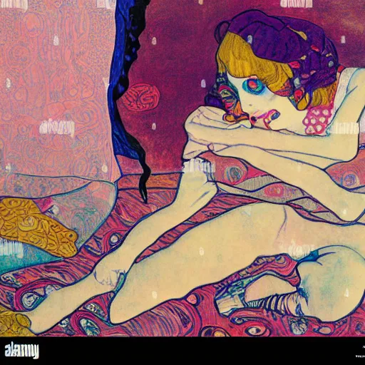 Image similar to rocker goth teen girl laying on the floor, writing on a journal. 1970s colorful psychedelic bedroom. Trippy. Mucha. Stylized. Egon schiele