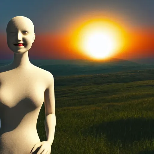 Image similar to a smiling mannequin standing in a hill, nuclear explosion in the background, 3 d render, octane, ray tracing, ultra detailed, photorealistic, ultra high resolution, 8 k,