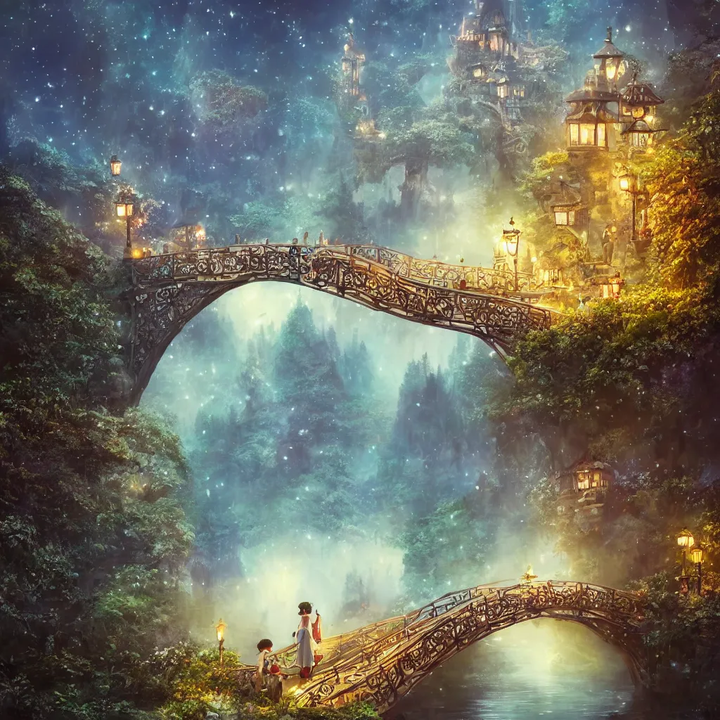 Image similar to fairyland bridge, outside of time and space, dreamy, romantic, night lighting, gorgeous lighting, dramatic cinematic lighting, intricate, highly detailed, in the style of studio ghibli, 8 k