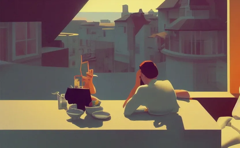 Image similar to eating in heaven, surreal illustration, by atey ghailan and escher and edward hopper,