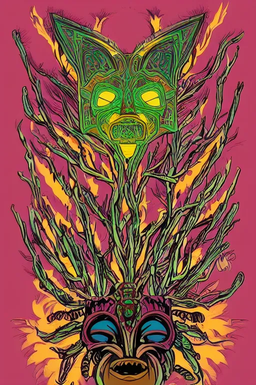 Image similar to animal mask totem roots flower tribal feather gemstone plant wood rock shaman vodoo video game vector cutout illustration vivid multicolor borderlands comics by josan gonzales and dan mumford radiating a glowing aura