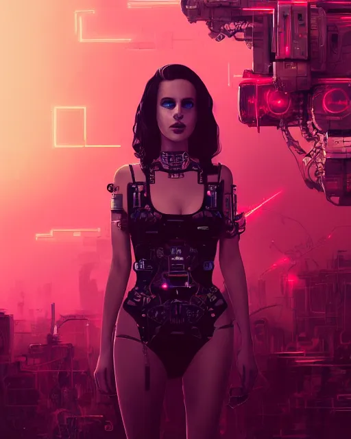 Image similar to portrait of lana del rey as a cyberpunk cyborg. roses, sci - fi, missing panels, intricate abstract upper body intricate artwork, by tooth wu, wlop, beeple, dan mumford. concept art, octane render, deviantart, greg rutkowski, cinematic, key art, hyperrealism, iridescent accents