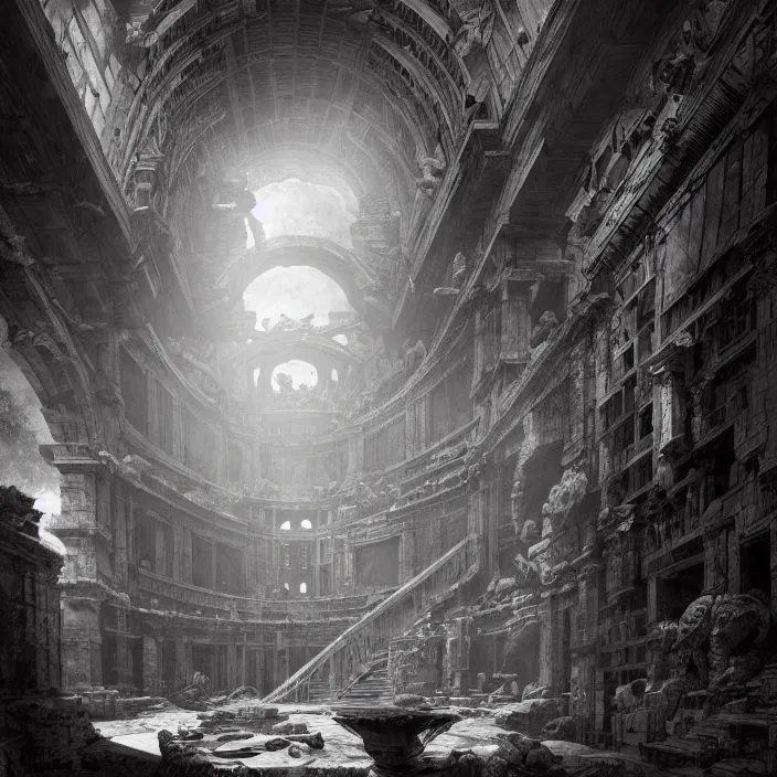 Prompt: piranesi's chamber, epic, by piranesi and greg rutkowski, hyper detailed, hd, 8 k