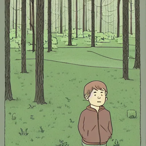 Prompt: highly detailed, boy in the woods by adrian tomine