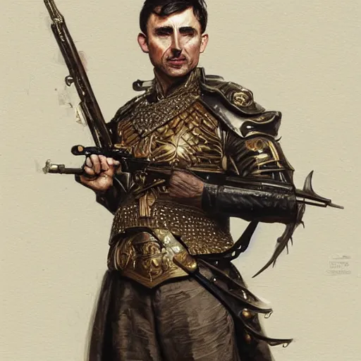 Image similar to portrait of stoic king john oliver, full body, military uniform, muscular, fantasy, intricate, elegant, beautiful, highly detailed, centered, dark, smokey, digital painting, artstation, concept art, smooth, sharp focus, illustration, art by artgerm and greg rutkowski and alphonse mucha