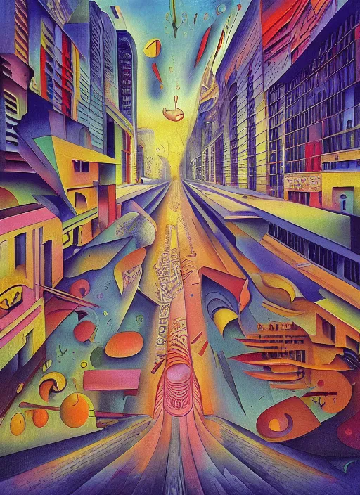 Image similar to A surreal painting of melting calligraphy city streets in 3 point perspective by hr giger and Vladimir kush by dali by kandinsky, 3d, realistic shading, complimentary colors, neon tint, aesthetically pleasing composition, masterpiece, 4k, 8k, ultra realistic, super realistic,