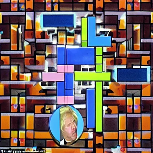 Image similar to Then i found myself in a game of Tetris Pieces landing on top of me I tried to escape, but i couldn't move Boris Johnson was watching me