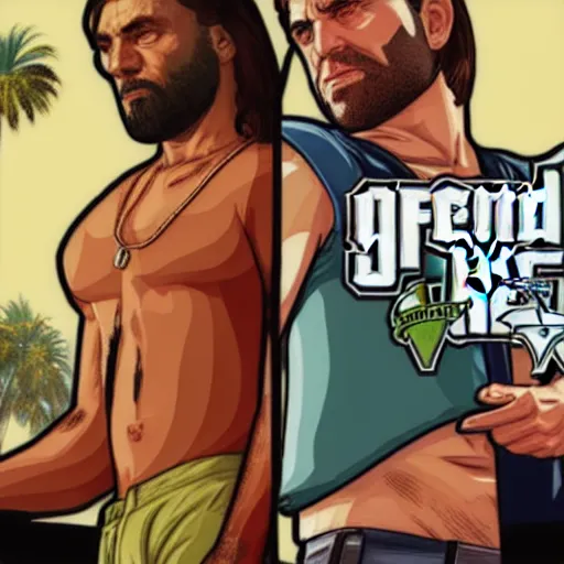 Prompt: Jesus and Mohammed in GTA V, Cover art by Stephen Bliss, Boxart, loading screen