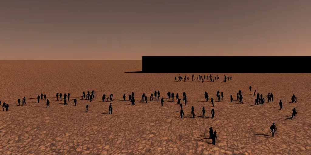 Prompt: an enormous alien black geometric rectangle in the desert, a large line of people are walking toward it in a line! starting at the foreground and ending at the building, single file, in the foreground on a rock is an alien creature catching a fly with its tongue, two suns are in the sky, clear skies, volumetric light, hyperdetailed, artstation, cgsociety, 8k