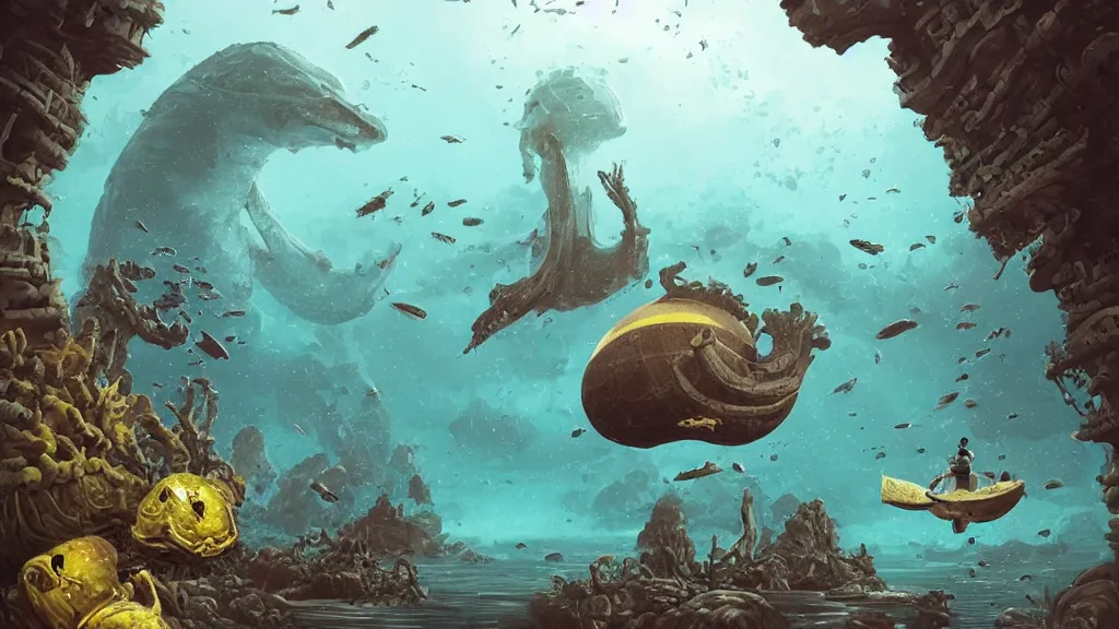 Prompt: An diver is under the sea, he has a big egg with him, he is swimming away from the giant Leviathan that is behind hunting him, the Leavithan is evil, this is an extravagant planet with wacky wildlife and some mythical animals, the background is full of ancient ruins, the ambient is dark with a terrifying atmosphere, by Jordan Grimmer digital art, trending on Artstation,