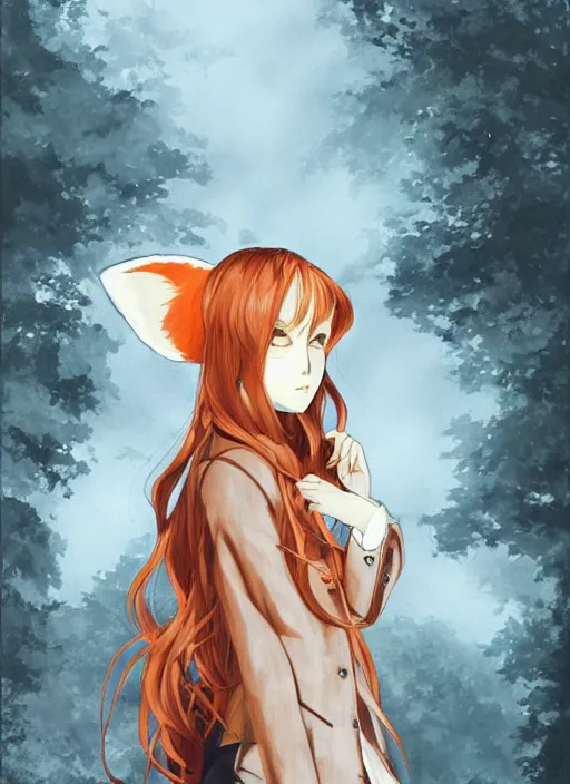 Prompt: illustration by shigenori soejima, girl with fox ears, long wavy orange hair, light brown trenchcoat, forest background, focus on face, pretty, moody lighting, painterly