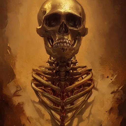 Prompt: Portrait of an skeleton made of gold by greg rutkowski, Mandy Jurgens