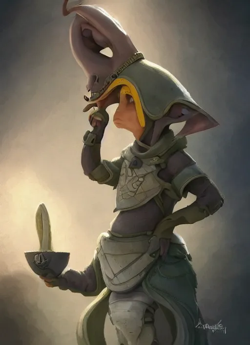 Image similar to cute little anthropomorphic aardvark announcer wearing Atiel's veil, tiny, small, miniature animal, baby animal, short, pale black armor, cute and adorable, pretty, beautiful, DnD character art portrait, matte fantasy painting, DeviantArt Artstation, by Jason Felix by Steve Argyle by Tyler Jacobson by Peter Mohrbacher, cinematic lighting