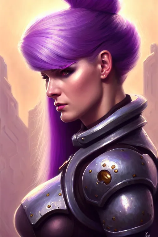 Image similar to alexey gurylev, close up portrait, pale woman in power armor with purple ponytail hair, mysterious, deep focus, d & d, fantasy, complex, elegant, highly detailed, digital painting, artstation, concept art, matte, clear focus, illustration, hearthstone, artgerm art, greg rutkovsky and alphonse mucha