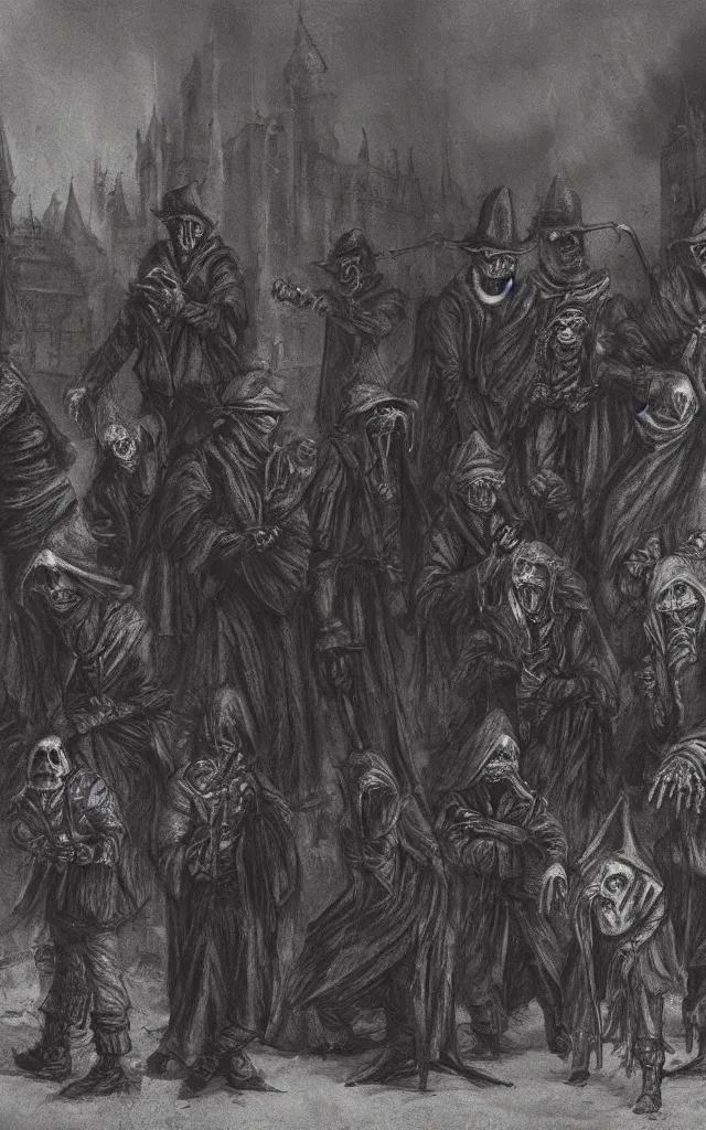 Image similar to a group of creepy plague doctors on the streets of yharnam, daguerreotype, studio lighting, hyperrealistic, ultra detailed