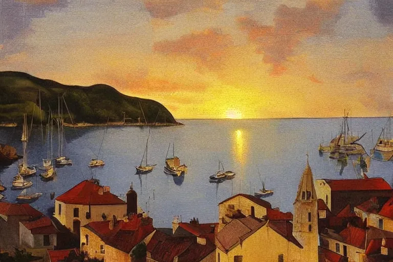 Prompt: Croatian coastline, small port village, sailing boats, golden hour, painting by Michelangelo, trending on interfacelift