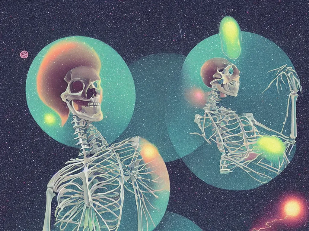 Prompt: the perfect circular portrait of an x-ray skeleton flying and squirting fluorescent liquid in the cosmos, small refracting glitter rainbow mirrors, screen print by Kawase Hasui and tom bagshaw