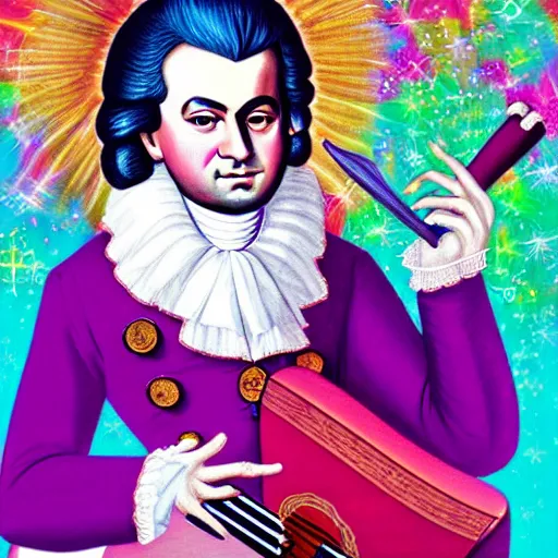 Prompt: original illustration of Mozart by Lisa Frank