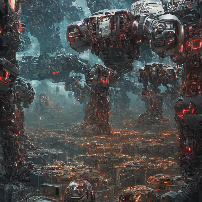 Prompt: an army of terminators, evil robots, intricate artwork by Tooth Wu and wlop and beeple, greg rutkowski, very coherent symmetrical artwork, cinematic, hyper realism, high detail, octane render, unreal engine, 8k, Vibrant colors, Smooth gradients, High contrast, depth of field by Jacek Yerka, Mariusz Lewandowski, Houdini algorithmic generative render, Abstract brush strokes, Masterpiece, Edward Hopper and James Gilleard, Zdzislaw Beksinski, Mark Ryden, Wolfgang Lettl, hints of Yayoi Kasuma, octane render, 8k