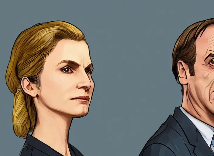 Prompt: ilustration of kim wexler and saul goodman, extremely detailed artstation, for aaa game, high quality, adobe ilustrator, behance