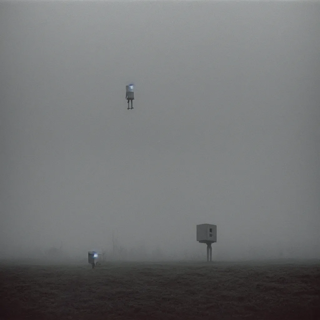 Prompt: a sole angular lanky liminal observer droid, in a brutalist yet rural landscape by simon stalenhag, 3 5 mm film photography, dawn, eerie fog