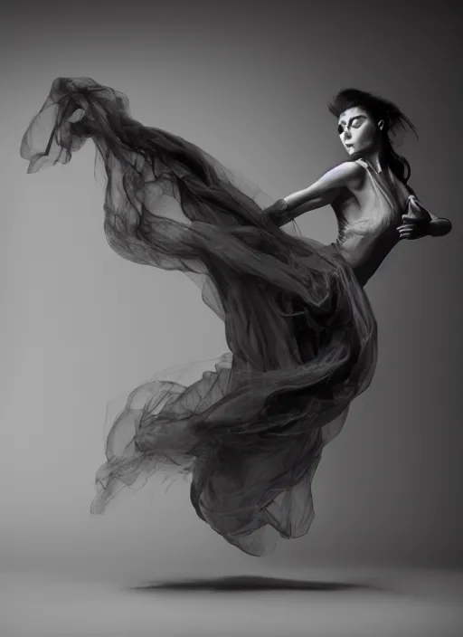 Image similar to a Photorealistic dramatic hyperrealistic render of a glamorous beautiful Female smoke dancer by Ken Brower and Deborah Ory of NYC Dance project,Lois Greenfield,Flowing cloth and smoke,Beautiful dynamic dramatic dark moody lighting,volumetric,shadows,cinematic atmosphere,Octane render,8K