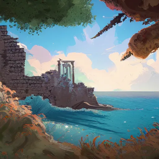 Image similar to digital 2 d, traditional paint, mixed media, concept art, illustration, environmental concept art & design, ruins, coast, ocean, sea, beach, remains, greek, pillars, vagrants, forest of liars, twilight, clouds, sky, coastline, sylvain sarrailh, concept art for forest of liars