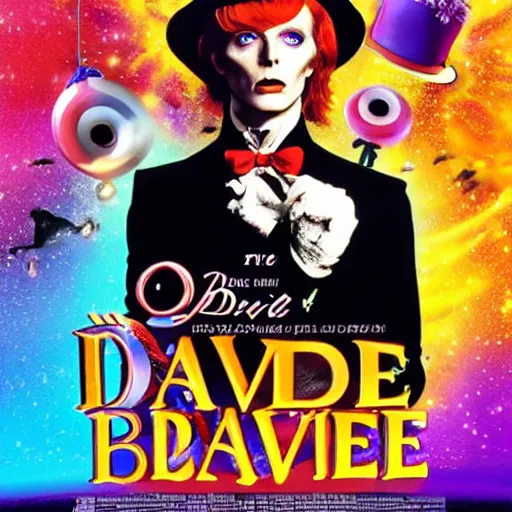 Prompt: awe inspiring David Bowie as Willy Wonka movie poster 4K amazing lighting