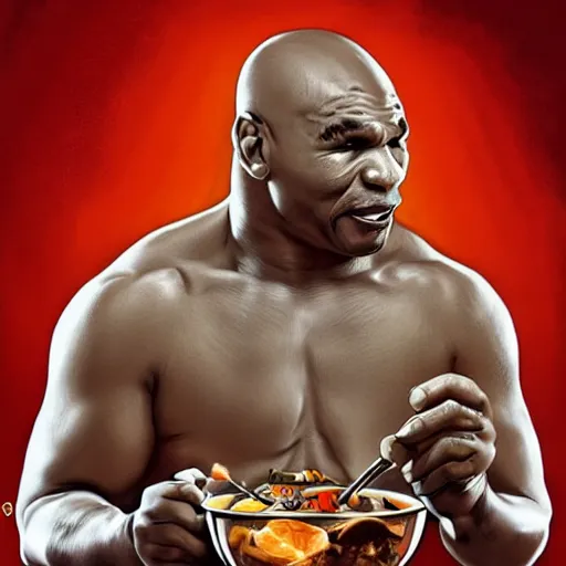 Prompt: mike tyson hungrily reaching into a bowl full of magic mushrooms, artgerm, artstation