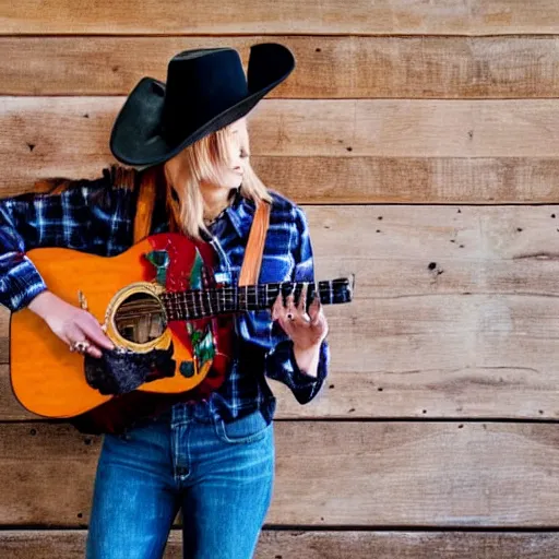 Image similar to a female fox animal, wearing cowboy hat, wearing plaid shirt, playing guitar, inside a barn, album cover style