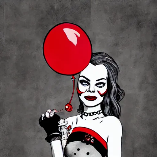 Image similar to grunge cartoon painting of margot robbie with a wide smile and a red balloon by chris leib, loony toons style, pennywise style, corpse bride style, horror theme, detailed, elegant, intricate