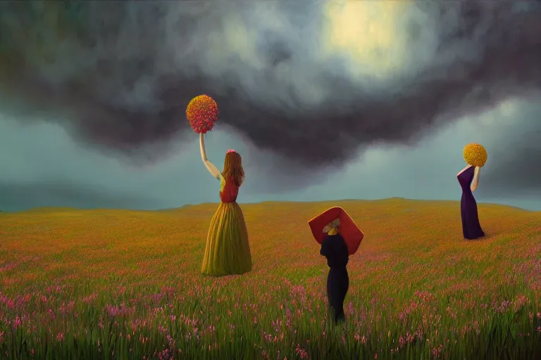 Image similar to giant flower heads, women standing in heather hills, surreal photography, stormy sky, dramatic lighting impressionist painting, digital painting, artstation, rob gonsalves