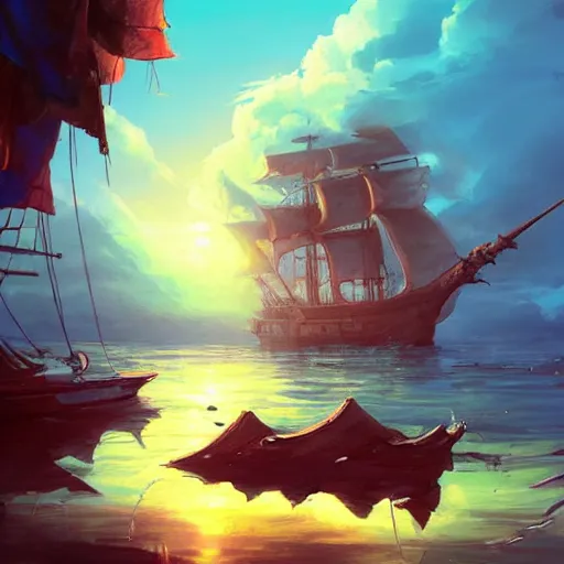 Prompt: a large pirate ship floating on top of a body of water, pirates flag, cgsociety, fantasy art, 2 d game art, concept art, heavenly lighting, retrowave, behance hd, concept art by jesper ejsing, by rhads, makoto shinkai cyril rolando